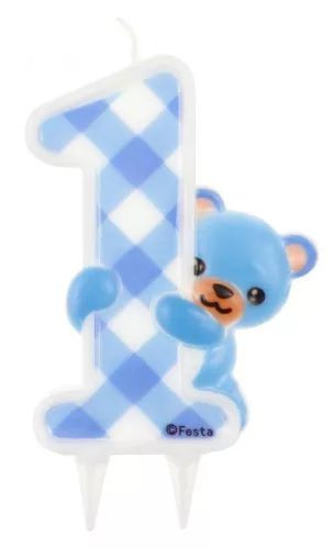Teddy maci kék 1-es számgyertya - 12 cm x 7,2 cm