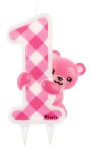 Teddy maci rózsaszín 1-es számgyertya - 12 cm x 7,2 cm