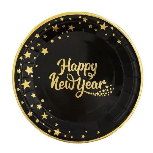 Papírtányér -Happy New Year fekete-arany 6 db/csomag