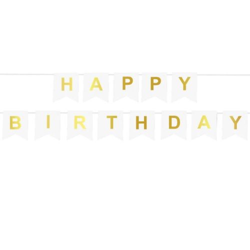 Happy Birthday zászlófüzér - fehér, arany 5 m