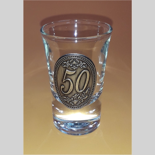 Óncímkés pálinkás pohár - 50 felirattal