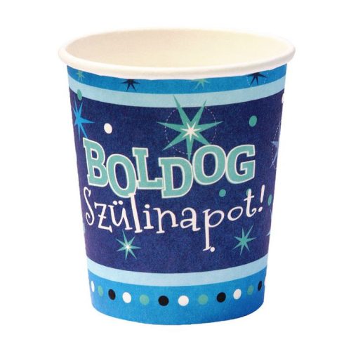 Boldog szülinapot kék papír pohár - 250 ml , 6 db/csomag