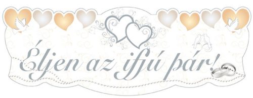 'Éljen az ifjú pár!' feliratú ezüst esküvői banner