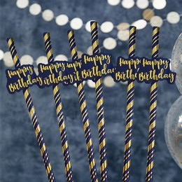Happy Birthday Feliratú Navy Kék Arany Szülinapi Papír Szívószál - 6 db-os